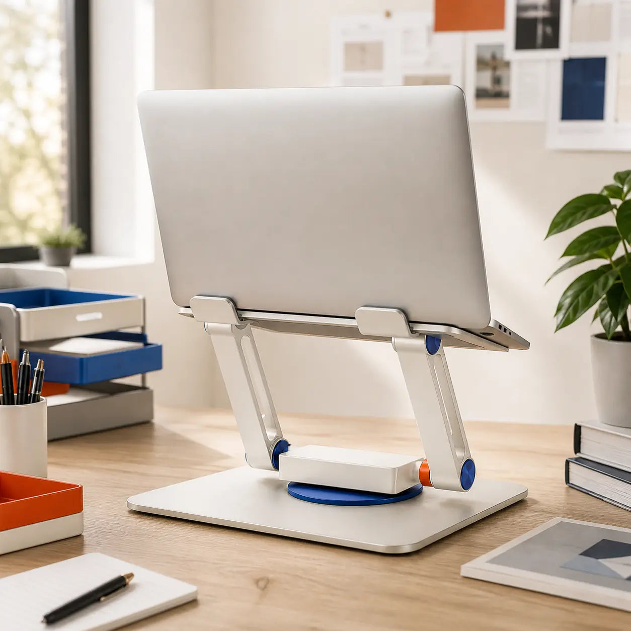 Laptop stand lifting a workstation display